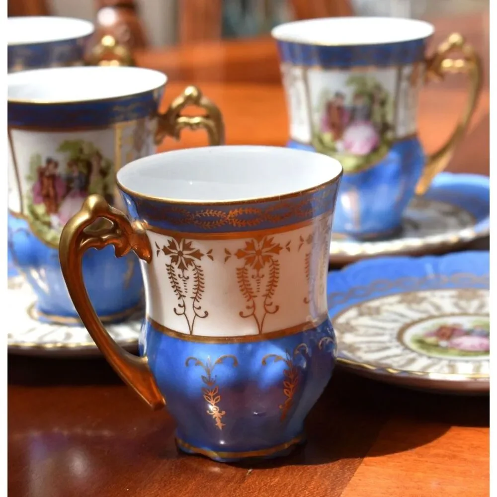 Set of 6 Saji Fine China Japan Courting Couple Demitasse Blue Gold Cup Saucer